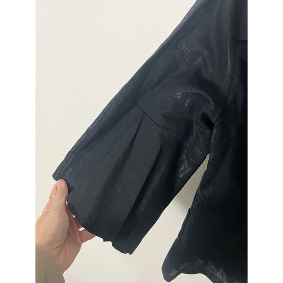 Randy Kemper Button Down Shiny Black Linen Blend Blouse Size 12 - Picture 11 of 15